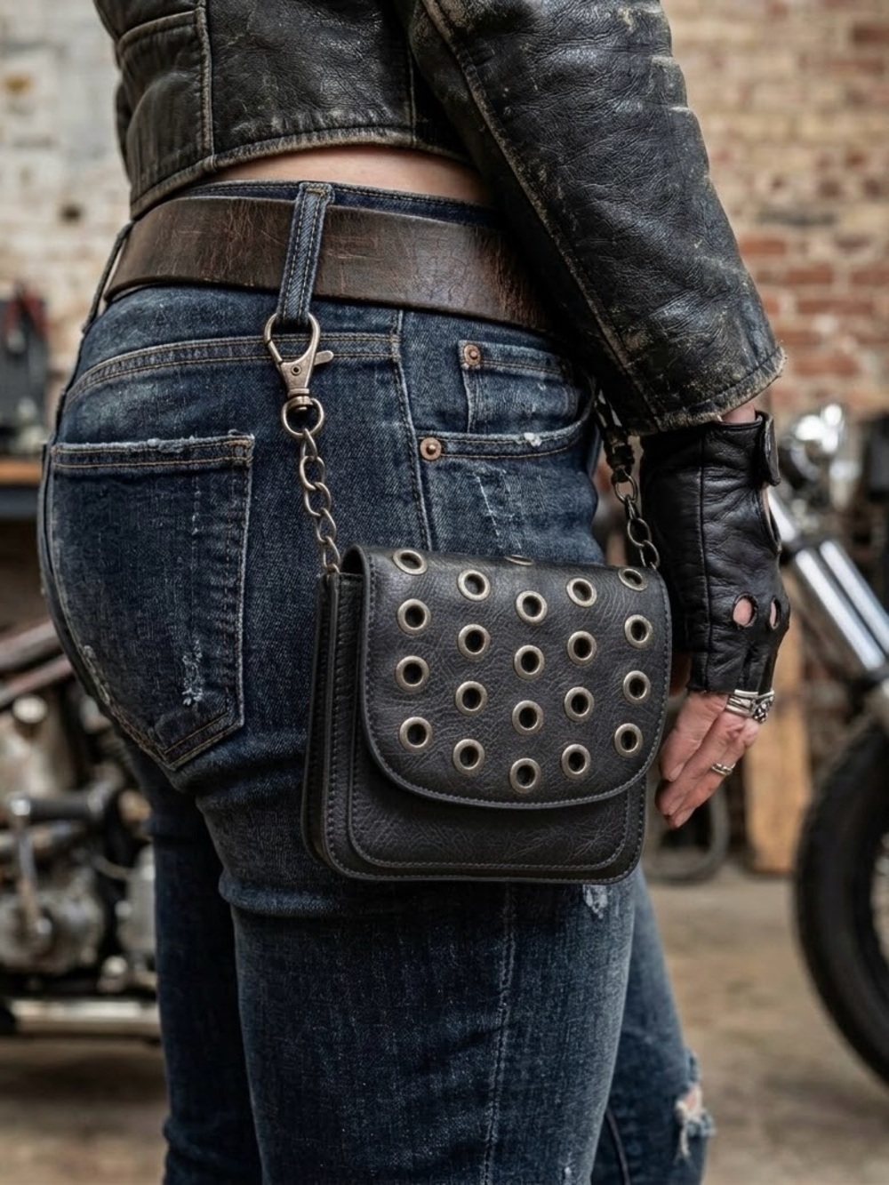 Black Faux Leather Grommet Belt Loop Biker Pouch | Hip Bag 6.25"x7.5"